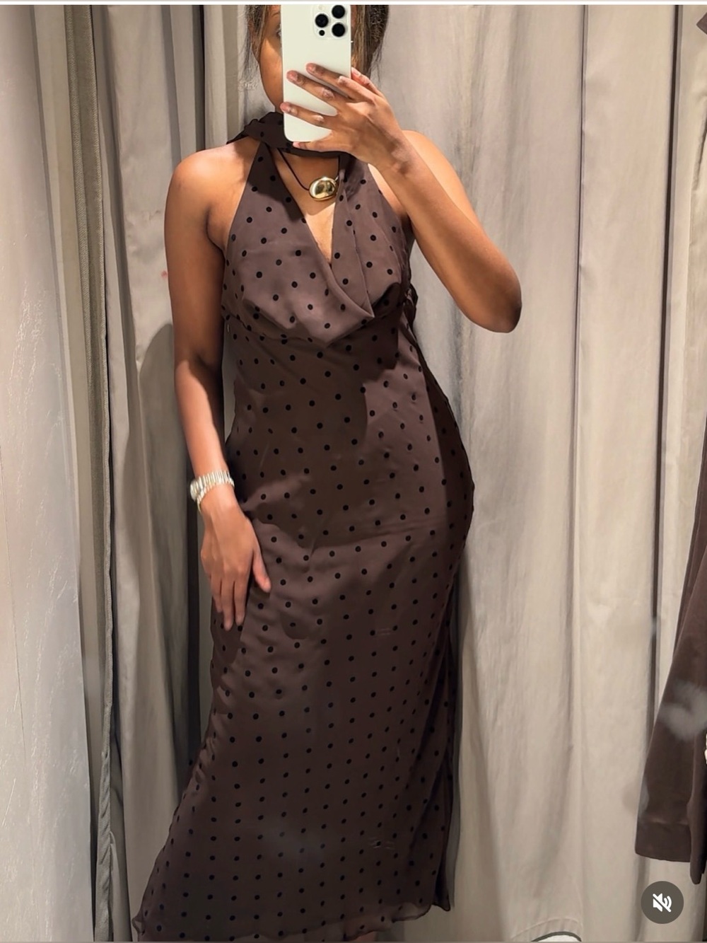 Zara Brown Polka-Dot Halter Maxi Dress w Scarf. M NWT - Picture 7 of 17